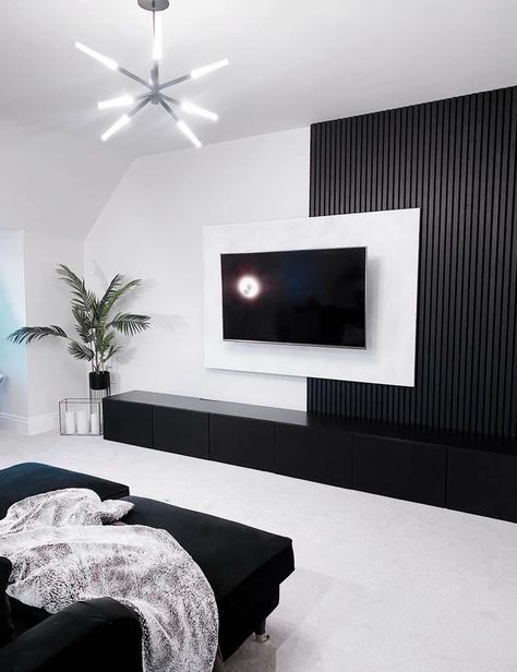 Black Woodwork, Black Tv Unit, Monochrome Living Room, Living Room Wall Units, Black And White Living Room, Grey Interior Design, Luxury Living Room Decor, Latest Living Room Designs, Interior Design Your Home