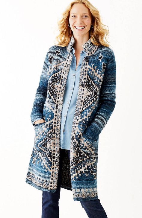 jacquard diamonds topper | J.Jill J Jill Outfits, Southwest Style Clothing, Cardigan Style, Jacquard Sweater, Southwest Style, Dark Indigo, Long Sleeves Coats, Style Sweater, Cardigan Fashion