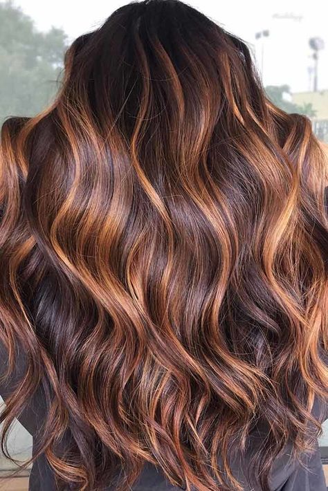 Chocolate Copper #lowlights ❤ If you want to make your hair color deeper, lowlights will be there for you! Check out our post to get to know the difference between highlights and lowlights. Feel free to get inspired by our ideas: rose gold accents for blondes, ash chocolate ideas for dark brown hair, and caramel streaks for brunettes are here! ❤ #lovehairstyles #hair #hairstyles #haircuts Honey Copper Balayage On Dark Hair, Two Color Balayage, Chunky Copper Highlights On Brown Hair, Medium Length Hair With Color, Apple Cinnamon Hair Color, Blonde And Red Highlights On Brown Hair Fall Color Trends, Summer Hairstyles Color, Brunette Balayage Hair Caramel Red, Copper Brown Balayage Brunettes