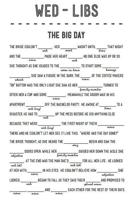 part of "to do" packets to be set on tables.  Mad libs cute for wedding showers, or in the kids activity books.  My feelings on mad libs:  Doesn't need to be long....  fill in maybe 10 words at the most.  Kids will lose interest in some long story.  For variety... each activity book could have a different wedding mad lib so they aren't all the same. Kids Mad Libs, Kitchen Tea Games, Wedding Games For Kids, Wedding Mad Libs, Wedding Planning Printables, Wedding Reception Activities, Reception Activities, Wedding Reception Games, Free Wedding Printables