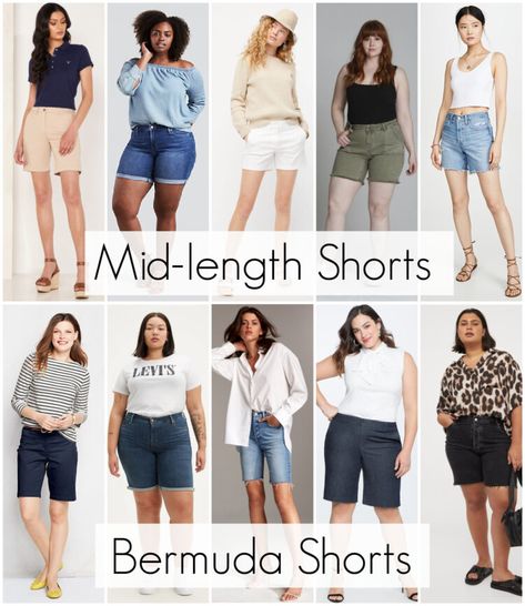 The Best Shorts for Grown-Ass Women: Over 40 Styles For All Sizes, Shapes, and Situations Shorts For Hourglass Shape, Shorts Length Guide, Mid Length Shorts Outfits, Jean Shorts Outfit Ideas, Plus Size Shorts Outfit, Jean Shorts Outfit, Bermuda Shorts Outfit, Shorts Outfit Ideas, Wardrobe Oxygen