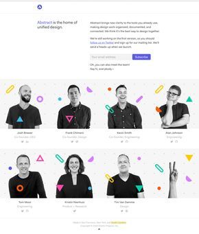 Launching soon page with focus on the all-star team behind an upcoming design organisation tool called 'Abstract'. Team Presentation, Landing Page Examples, Team Photography, Team Page, All Star Team, Social Media Design Inspiration, Business Portrait, Launching Soon, Team Photos