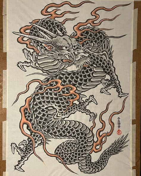 https://www.facebook.com/photo/?fbid=10167320083200051&set=a.10150258368215051 Traditional Tattoo Dragon, Tebori Tattoo, Dragon Tattoo Stencil, Dragon Tattoo Drawing, Dragon Tattoo Art, Eastern Dragon, Japanese Designs, Samurai Tattoo Design, Japanese Dragon Tattoo