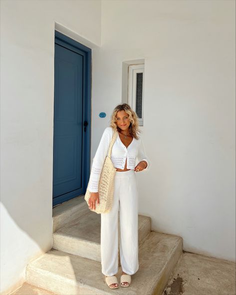 What To Wear In Mykonos, Greece: 9 Outfit Ideas To Wear in October | Styled by McKenz Greece In October, What To Wear In Greece, October Outfits, Greece Outfit, Low Rise Skirt, Cute Coverups, October Fashion, Blue Two Piece, Europe Outfits