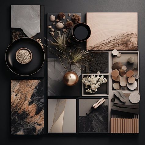 Organic Mood Board Interior, Colors And Textures Moodboard, Black Neutral Palette, Charcoal Mood Board, Rustic Modern Mood Board, Modern Vision Board, Interior Design Fabric Board, White Oak Mood Board, Moody Business Aesthetic