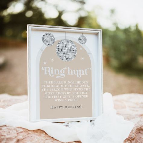 $11 | Ring Hunt Game Disco Ball Bridal Shower - bridal shower game sign, retro bridal shower, disco ball bridal shower, silver glitter bridal shower, groovy bridal shower, party game signs, ring hunt sign, bridal shower scavenger hunt, pink and white, find the rings Ring Hunt Game, Disco Glamour, Ring Hunt, Bridal Shower Poster, Retro Bridal Showers, Glitter Bridal Shower, Party Icon, White Bridal Shower, Retro Disco