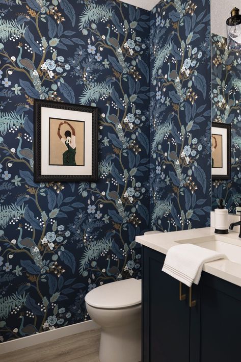 Bold colour and thoughtful accents reminiscent of my client’s heritage shine in this beautiful suburban home. Sushi Wallpaper, Peacock Wallpaper, Interior Remodel, Navy Wallpaper, Tiny Spaces, Powder Bath, Parade Of Homes, Bathroom Wallpaper, Room Wallpaper