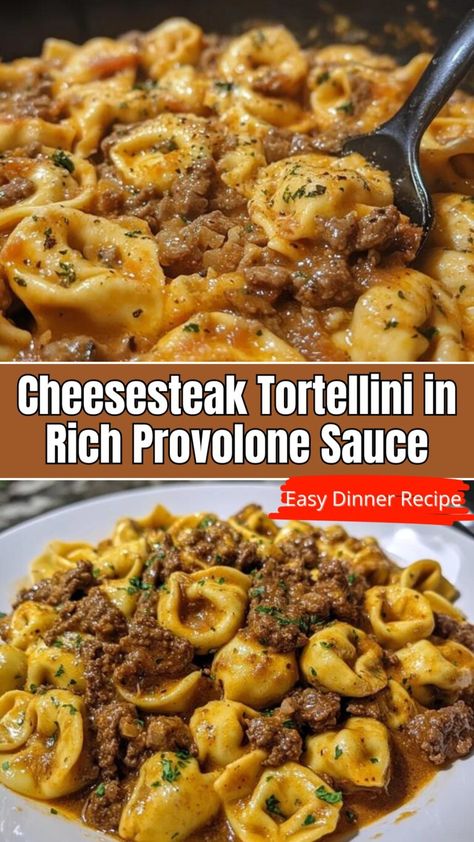 Cheesesteak Tortellini In Rich Provolone, Easy Weeknight Dinners Healthy Crockpot, Tortellini Cheesesteak, Cheesestake Tortellini, Cheese Steak Tortellini With Provolone Sauce, Cheap Easy Dinners For Family Budget, Philly Cheese Tortellini, Tortellini Sauce Recipes Easy, Tortellini With Ground Beef