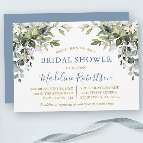 $1.98 | Watercolor Greenery Gold Dusty Blue Bridal Shower - winter wedding, autumn fall wedding, modern boho bohemian chic wedding, rustic country forest green foliage, spring wedding, bridal shower, elegant watercolor eucalyptus leaves, trendy calligraphy script, summer botanical greenery foliage, dusty blue and gold Dusty Blue Invitation, Luncheon Invitation, Blue Bridal Shower Invitations, Bridal Luncheon Invitations, Bohemian Chic Weddings, Bridal Shower Luncheon, Green Bridal Showers, Blue Winter Wedding, Blue Bridal Shower