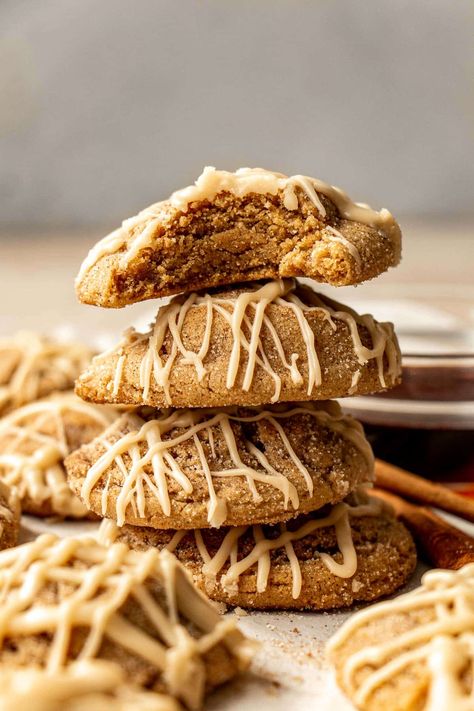 These Maple Cookies are super soft, perfectly chewy, and filled with the best brown sugar-y and maple flavors. They are rolled in a sugar/cinnamon mixture prior to baking for a snickerdoodle vibe and finished with an ultra-yummy maple glaze on top. They're an irresistible Fall cookie! #maplecookies #maple #mapledesserts #falldesserts #holidaycookies #cookierecipes #krollskorner Glazed Maple Shortbread Cookies, Maple Desserts, Maple Cookies, Fall Cookie Recipes, Cinnamon Roll Cookies, Brown Sugar Cookies, Frozen Cookie Dough, Maple Glaze, Cookie Spread