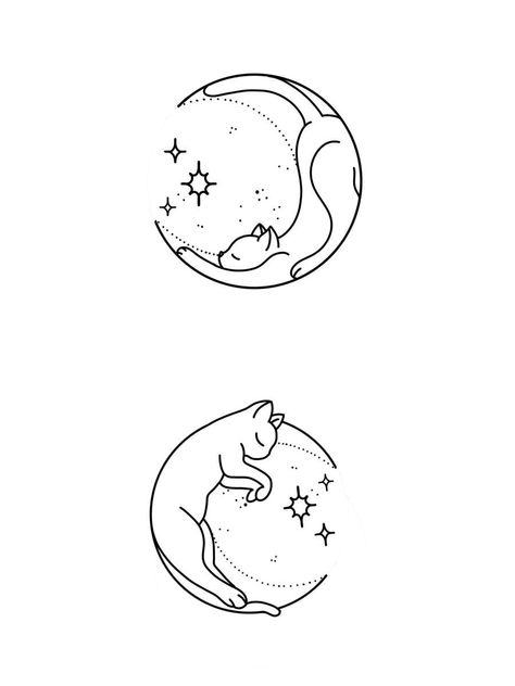 Cat On The Moon Drawing, Cat In Moon Tattoo, Cat And Stars Tattoo, Cat Tatoos Idea, Cat And Moon Drawing, Ying Yang Cat Tattoo, Moon And Cat Tattoo, Moon Cat Tattoo, Cat Moon Tattoo