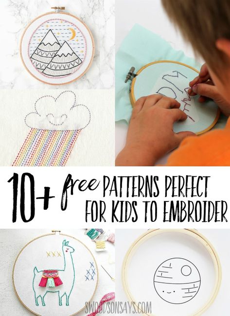 Click through to see this fun list of hand embroidery patterns that are FREE and simple enough for kids to stitch! Teach kids how to embroider with these easy patterns in kid friendly motifs. #embroidery #kidscrafts Traceable Embroidery Patterns, Beginner Hand Embroidery Patterns Free, Easy Embroidery Ideas For Beginners, Embroidery Patterns For Kids, Easy Embroidery For Beginners, Motifs Embroidery, Hand Strengthening, Kids Embroidery, Sulaman Pita