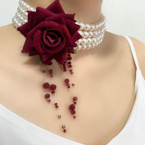 Red Wedding Accessories, Red Pearl Necklace, Rose Accessories, Blood Accessories, Red Gothic Necklace For Formal Occasions, Elegant Rose Design Choker, Elegant Handmade Red Choker, Blood Pearl Choker, Vampire Style Cosplay Choker Jewelry