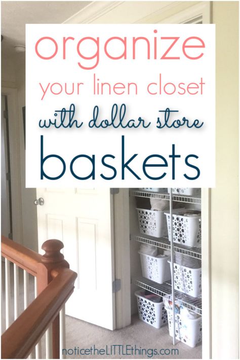 organize your linen closet with dollar store baskets! you won't believe this linen closet makeover using dollar store organizing closet materials! #easyorganizationideas #linenclosetideas #dollarstoreorganization #linenclosetorganizationdollarstore #linenclosetorganization #ideasformoms #organizationhacks #delclutteringideas #noticetheLITTLEthings Linen Closet Organization Hallway, Small Linen Closet Organization, Linen Closet Makeover, Ideas Armario, Small Linen Closets, Linen Closet Storage, Organizing Linens, Bathroom Closet Organization, Dollar Tree Organization