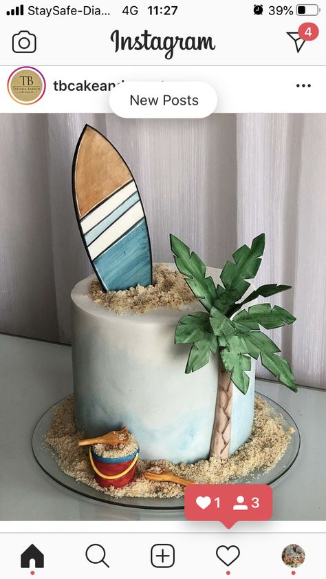 Tropical Cake Ideas, Surfboard Cake, Hawai Party, Beach Theme Cake, Tropical Birthday Cake, Green Birthday Cakes, Lilo And Stitch Cake, Tropical Cake, Beach Themed Cakes