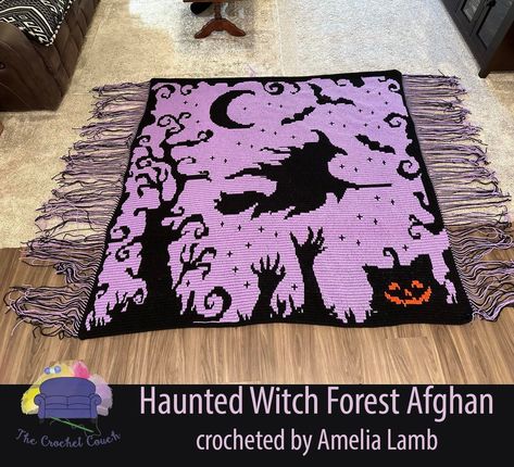 What you need for the Haunted Witch Forest Afghan: *       *Premier Basix Worsted Weight Yarn or any Worsted Weight #4:  Purple 3533yds, Black 2099yds, Orange 15yds and small amount of Red *       Hook = size 5mm or H Hook   Size:   75" x 75" Gauge:  10 stitches x 10 rows = 3" x 3" Blocks:  250 x 251 The Overlay Mosaic Stitch (MOS) Crochet patterns are delivered in a pdf format that includes: **Full size graph which prints out in 4 pages  **Graph scaled down to print on one page  **Written row by row stitch counts **Video links for helpful tips when doing graph projects    So, whether you prefer to work from a graph or hate the counting and like it written out, this pattern has both.     **The pattern testers are permitted to use the colors of their choice.  Website photos will not always Witch Crochet Blanket, Halloween Crochet Patterns Free Blanket, Crochet Along, Witchy Crochet, Crochet Couch, Witch Forest, Overlay Mosaic Crochet, Crochet Pattern Written, Graph Crochet