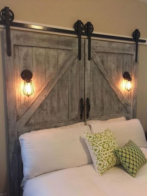 Barn doors have a very unique, somewhat rustic look that you won’t find with any new or old door. However, unlike what the name might suggest, barn doors are incredibly versatile pieces that can be… Cheap Headboard, Door Headboards, Make Your Own Headboard, Door Headboard, Koti Diy, Barn Door Track, Diy Headboards, Diy Headboard, Diy Barn Door