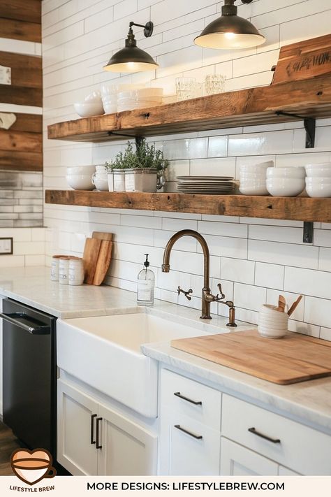 Farmhouse Style Kitchen Ideas - LifeStyle Brew White Kitchen With Wood Shelves, Organic Farmhouse Kitchen, Wooden Shelves In Kitchen, French Farmhouse Kitchen Ideas, Rustic Small Kitchen Ideas, Kitchens With No Upper Cabinets Ideas, Neutral Farmhouse Kitchen, Kitchen With Wood Accents, Rustic White Kitchen