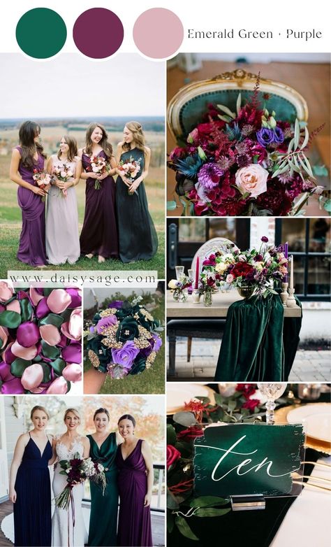 15 Best Emerald Green Wedding Color Schemes for 2024 - Daisy Sage Emerald Green And Purple Bridesmaid Dresses, Emerald Green Purple Wedding, Wedding Colors With Emerald Green, Dark Green And Purple Bridesmaid Dresses, Emerald Green And Violet Wedding, Emerald Green And Dark Purple Wedding, Purple Emerald Wedding, Wedding Color Schemes Emerald Green, Green Purple Wedding Colors