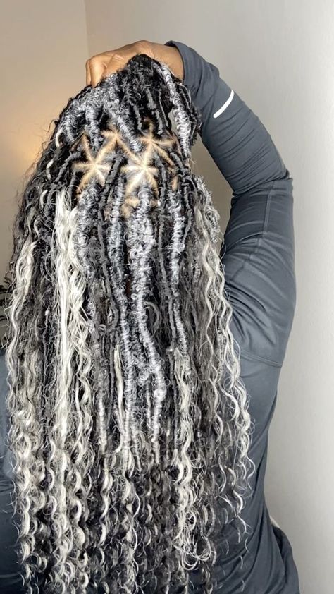 Grey And Black Faux Locs, Black And Grey Locs, Silver Goddess Braids, Gray Faux Locs Black Women, Grey Boho Braids, Grey Faux Locs Black Women, Grey Butterfly Locs, Grey Soft Locs, Grey Faux Locs