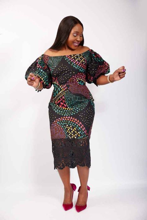 Beautiful Off Shoulder Ankara Styles You Can Wear To Your First Date (46) Short Ankara And Lace Gowns, Pencil Dress African Print, Puff Sleeve Ankara Dress, Ankara Off Shoulder Gowns, Ankara Midi Dress, Off Shoulder Puff Sleeve, Ankara Maxi Dress, Pencil Midi Dress, Ankara Dress Designs