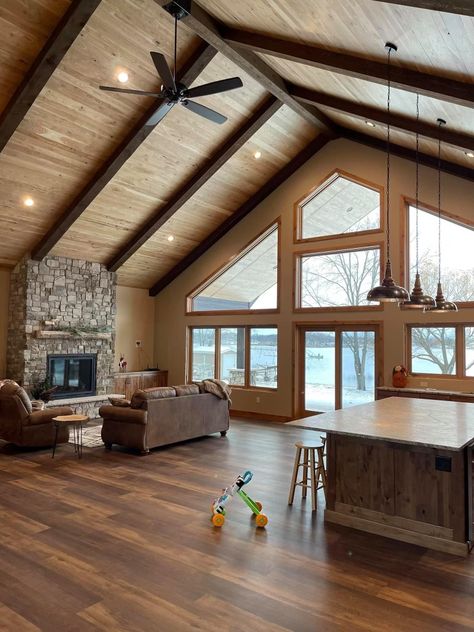 We love how these customers utilized our hardwood shiplap on their lake home ceiling! Beautiful! Lighting In A Vaulted Ceiling, Cedar Ceilings Living Room, Wood Stain Ceiling Living Rooms, Rustic Wooden Ceiling, Cabin Ceiling Ideas Wood Planks, Raw Wood Ceiling, Peaked Ceiling Lighting, Cathedral Ceiling Shiplap, Light Wood Ceiling Living Room