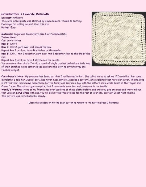 Grandmother's Favorite - Knit Pattern - Dishcloths Boutique.pdf | Powered by Box Grandma Dishcloth Knit Pattern, Knitting Dishcloth, Sugar And Cream Yarn, Grandma Knitting, Dishcloth Patterns Free, Yarn Craft, Dishcloth Pattern, Hot Pad, Knit Pattern