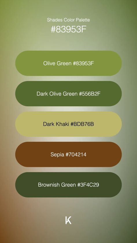 Shades Color Palette Olive Green #83953F · Dark Olive Green #556B2F · Dark Khaki #BDB76B · Sepia #704214 · Brownish Green #3F4C29 Olive Pallete, Avocado Green Color Palette, Avocado Color Palette, Color Palette Olive Green, Olive Green Palette, Olive Color Palette, Olive Green Color Palette, Brownish Green, Hex Color Palette