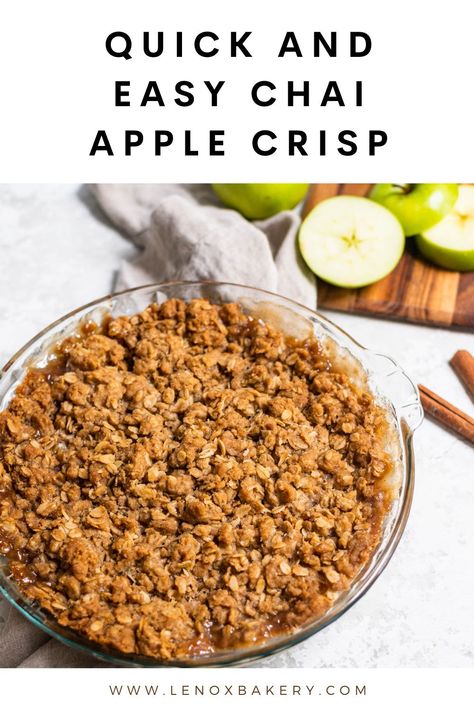 This Quick and Easy Chai Spiced Apple Crumble is the perfect fall dessert. Warm chai spices, covering tart apples and topped with a crumbly chai spiced oat crumble. This Chai Spice Apple crisp is everything you didn’t know you needed for fall. Chai Apple Crisp, Oat Crumble Topping, Apple Chai, Chai Spices, Oat Crumble, Fruit Dessert Recipes, Apple Dessert, Apple Dessert Recipes, Crumble Recipe