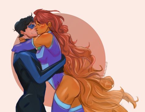 Starfire Fan Art, Nightwing X Starfire, Starfire And Nightwing, Nighwing, Starfire Comics, Demon Slayer Behind The Scenes Au, Robin Starfire, Teen Titans Love, Nightwing And Starfire