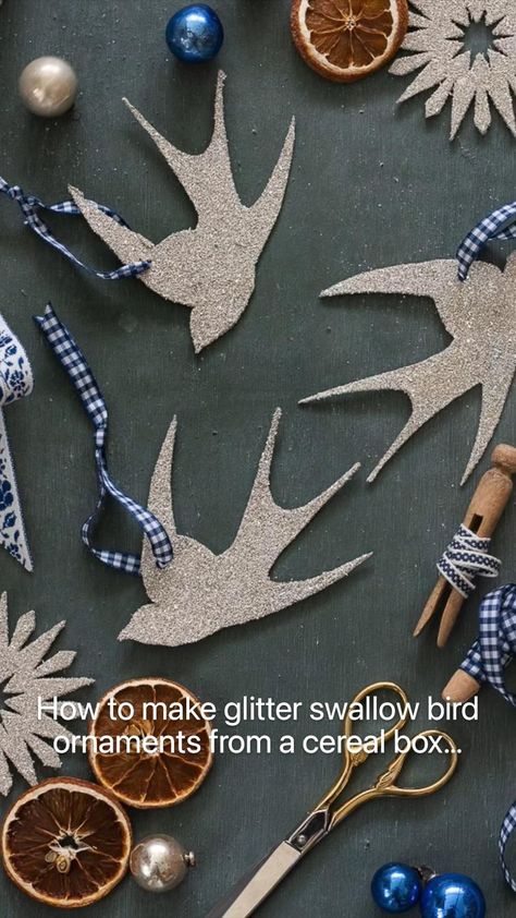 How to make glitter swallow bird ornaments from a cereal box… | Christmas crafts, Diy christmas ornaments, Christmas decorations Anthro Christmas, Anthropologie Diy, How To Make Glitter, Art Postcards, Christ Centered Christmas, Bird Christmas Ornaments, Ornament Diy, Swallow Bird, Fun Christmas Decorations