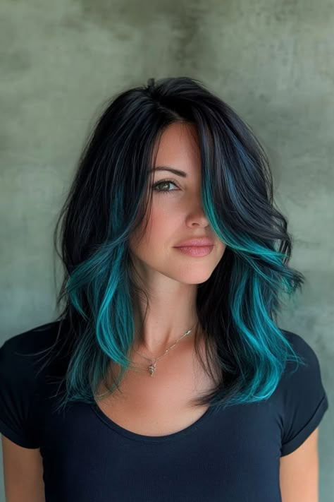 Trendy Underneath Hair Color Styles Teal Blue Hair Highlights, Peekaboo Hair Streak, Blue Face Frame Hair, Teal Halo Hair, Black And Green Peekaboo Hair, Purple And Teal Hair Highlights, Black And Aqua Hair, Dark Hair With Money Piece And Peekaboo, Brown Hair With Blue Money Piece