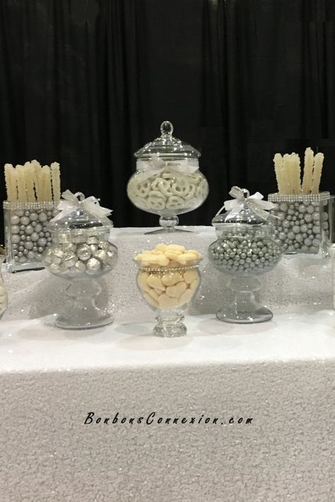 Silver Candy Buffet, White Candy Buffet, Candy Buffet Bar, Paris Sweet 16, Wedding Candy Table, Graduation Candy Bar, Great Gatsby Themed Party, Candy Buffet Tables, Candy Bar Wedding