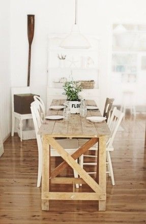 the schoolhouse table for coastal vintage beachy style Distressed Dining Table, Narrow Dining Tables, Rustic Farmhouse Table, Dining Table Rustic, Coastal Kitchen, Décor Boho, Dining Table Design, Small Dining, Farmhouse Table