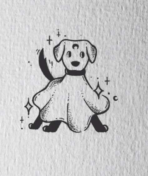 Simple Horror Art, Spooky Dog Drawing, Witchy Dog Tattoo, Dog Halloween Tattoo, Cute Spooky Doodles, Ghost With Knife Tattoo, Polar Opposite Tattoos, Paranormal Tattoo Ideas, Ghost Dog Drawing