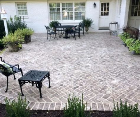 Pavers That Look Like Brick, Patio Pavers Walkway Ideas, Brick Veneer Pavers, Brick Patio Front Of House, Farmhouse Paver Patio, Whitewash Brick Pavers, White Wash Pavers, Outdoor Brick Pavers Patio Ideas, Patio With Brick Pavers