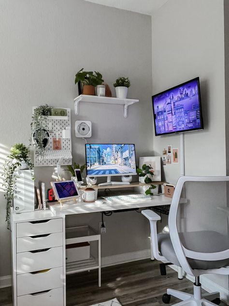 My setup from a different POV Pc Gaming Setup One Monitor, Asian Desk Aesthetic, White Set Up Gaming, White Aesthetic Gaming Setup, Aesthetic Monitor Setup, Ikea Pc Desk, Monitor Setup Aesthetic, Aesthetic Table Setup, Monitor Setup Ideas