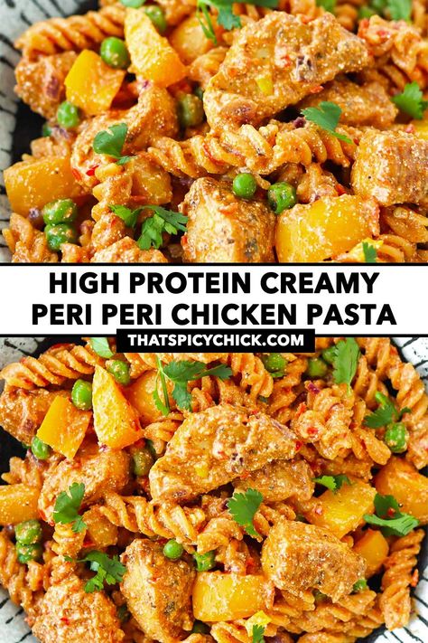 This Creamy Peri Peri Chicken Pasta is made with perfectly seasoned juicy chicken pieces, sautéed veggies, pasta and tossed in a spicy creamy peri peri tomato sauce that’s made with cottage cheese instead of heavy cream! It’s high in protein and fiber and fantastic for meal prep! #pasta #highproteinmeals #chickenpasta #dinner #periperipasta #periperisauce #mealprep #highprotein #glutenfree #maindish #nandos #healthy | That Spicy Chick Peri Peri Chicken Salad, Meal Prep Pasta, Spicy Pasta Recipes, Peri Chicken, Peri Peri Sauce, Chicke Recipes, Chicken Protein, Spicy Pasta, Peri Peri Chicken