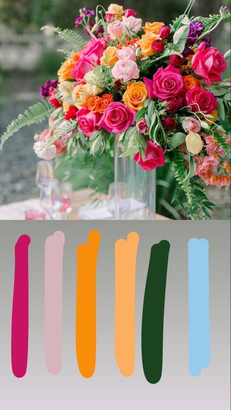 Bold And Chic Wedding, Bright Colored Wedding Bouquets, Colorful Summer Centerpieces, Pink Orange Green Color Scheme Wedding, Bright Orange Wedding Theme, Multicolor Wedding Flowers, Wedding Flowers Bright Colors, Fuschia And Orange Wedding, Bright Color Palette Wedding