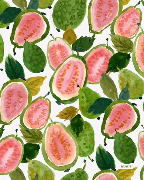 GUAVA GOODNESS – BARBARIAN by Barbra Ignatiev | Bold colorful art Kitchen Painting Art, Guava Fruit, My Memories, Fruit Wallpaper, Watercolor Fruit, Pottery Painting Designs, Textile Pattern Design, Fruit Painting, Motivational Art