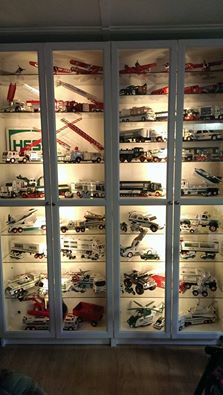 Hess truck display Guy Room Ideas, Hess Trucks, Toddler Car Bed, Alang Alang, Diecast Cars Display, Guy Room, Theater Room Design, Garage Loft, Car Display