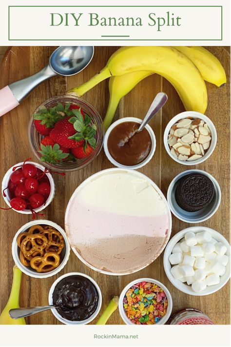 DIY Banana Split Bar Banana Split Ingredients, Diy Banana Split, Diy Ice Cream Bar, Banana Split Bar, Banana Split Recipes, Banana Party, Banana Splits, Neapolitan Ice Cream, New Routine