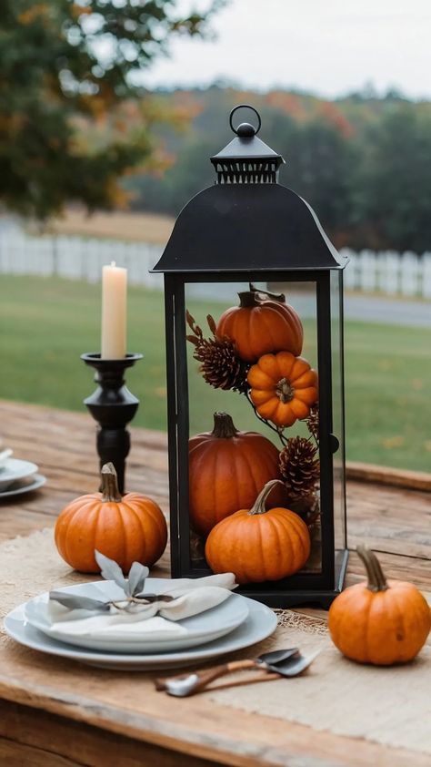 Uniting Rustic Charm with Moody Elegance: 15 Fall Decor Ideas You’ll Love - Inspire Inlet White Lantern Centerpieces, Autumn Decorations Indoor, Indoor Lanterns Decor, Black And White Fall Decor, Fall Decorations Indoor, Unique Fall Decor, Fall Lantern Decor, Fall Lanterns, Dinner Table Centerpieces