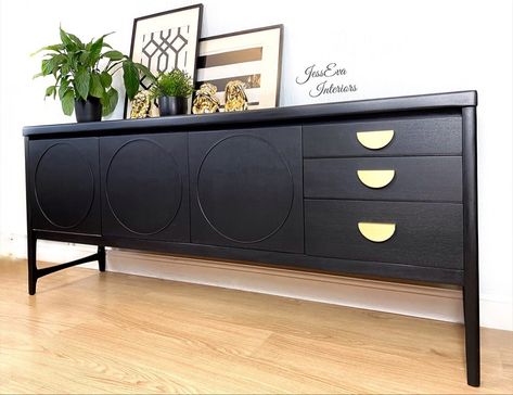 Mid Century Modern Nathan Sideboard professionally painted in black. *** available *** Dressing Table Paint, Sideboard Uk, Solid Oak Sideboard, Mid Century Modern Sideboard, Sideboard Drinks Cabinet, Retro Sideboard, Painted Sideboard, Sideboards Living Room, Mcm Furniture