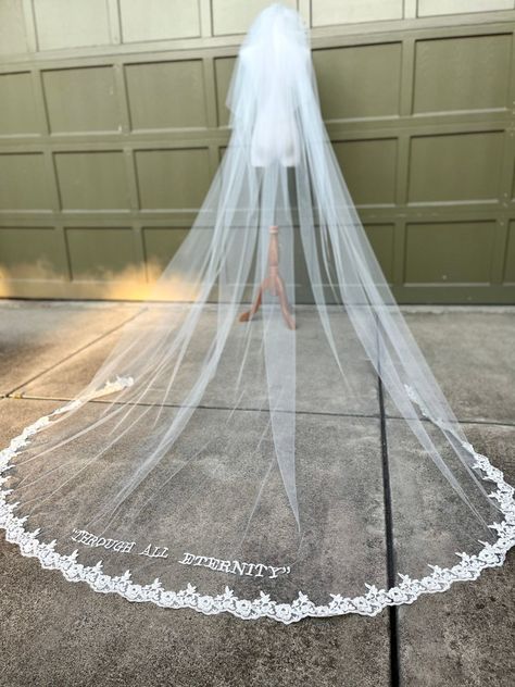 Veil With Words, Hailey Bieber Wedding, Embroidered Wedding Veil, Veil Inspiration, Dramatic Veil, Lace Veils Bridal, Chapel Length Veil, Long Veil Wedding, Cathedral Length Veil