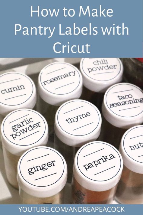 how to make pantry labels with Cricut: tops of spice jars are pictures with white circular labels and black text Cricut Labels For Jars, Cricut Stickers Vinyl, Cricut Spice Jar Labels, Aesthetic Labels, Cricut Writing, Cricut Sticker Paper, Labels With Cricut, Pantry Labels Svg, Cricut Pens