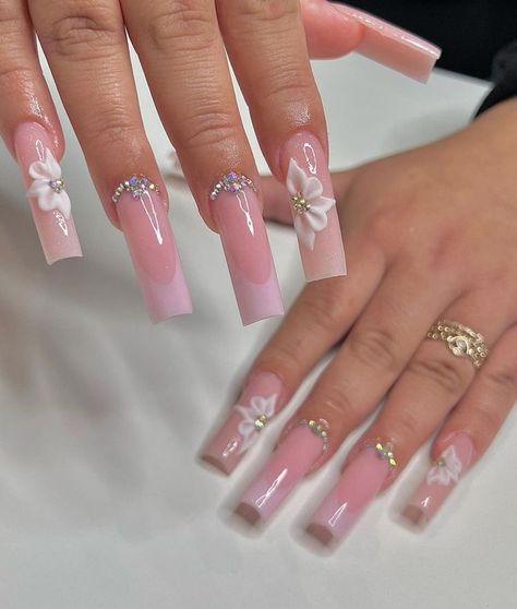 White And Pink Long Nails, Bling Nails With 3d Flowers, Pink Acrylic Nails 3d Flowers, Acrylic Nail Designs With 3d Flowers, Nail Designs Flowers Acrylic, 3d Flower Nails Coffin White, Pink 3d Flower Nail Designs, Pink And White 3d Flower Nails, Long 3d Flower Nails