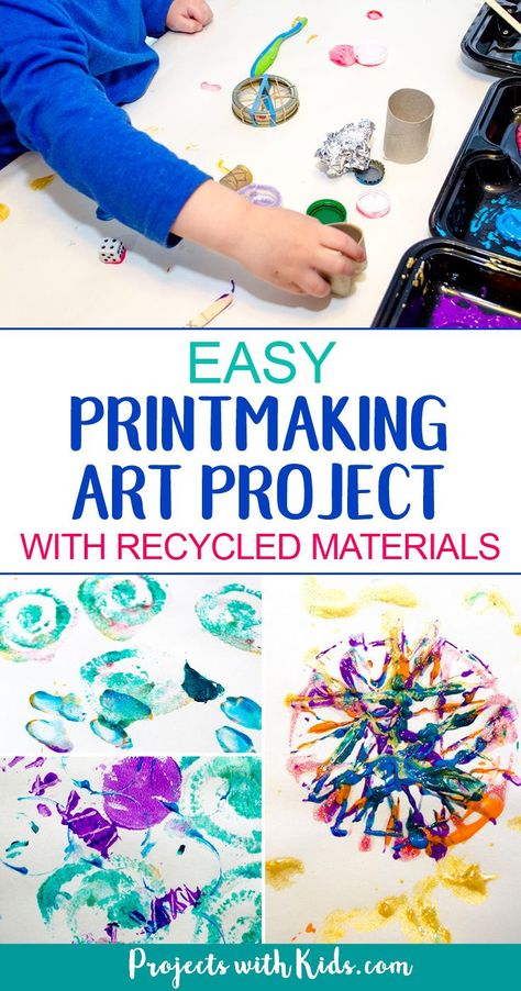 A fun and easy printmaking activity that uses recycled materials. This art project requires almost no prep and will have kids engaged and creating with beautiful and surprising results! A great process art project for kids of all ages. #printmaking #artprojectsforkids #processart #projectswithkids Printmaking For Kids, Simple Printmaking, Easy Printmaking, Recycled Material Art, Preschool Art Projects, Art Project For Kids, Recycled Art Projects, Art Therapy Projects, Project For Kids