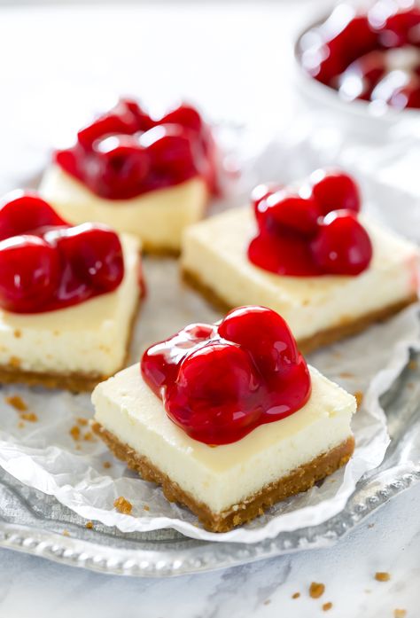 Cheesecake Bars (GLUTEN-FREE) - A Pumpkin And A Princess Cherry Cheesecake Bars, Sugar Cookie Cheesecake, Cherry Recipes Dessert, Philadelphia Torte, Homemade Graham Cracker Crust, Homemade Graham Crackers, Cheesecake Bar Recipes, Gluten Free Cheesecake, Homemade Cheesecake