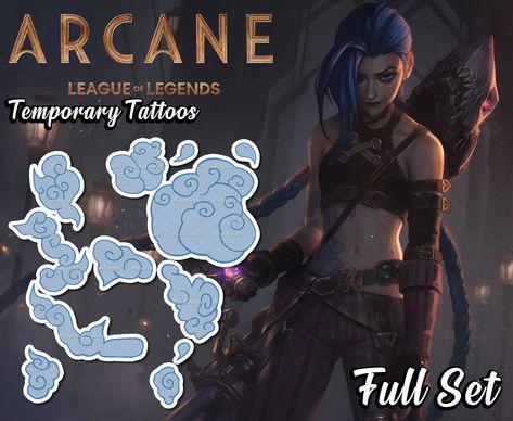 📸MORE PHOTOS COMING SOON ⭐ALL TATTOOS ARE PRECUT AND READY TO APPLY⭐ Temporary Tattoos for Jinx from League of Legends - Arcane. As accurate with the series as possible. Set consists of tattoos for shoulder, arm, chest and stomach. Tattoos have one size of scaling (scaled for 164cm/5'4 height). Custom scaling is available, but please note - this will add costs to final price of your order. With these tattoos you don't have to worry about wasting your time on drawing by hand, putting them on is Jinx Wig, Geek Bedroom, Realistic Cosplay, Cloud Tattoos, Cosplay League Of Legends, League Of Legends Poster, Jinx Cosplay, Skin Drawing, Cloud Tattoo